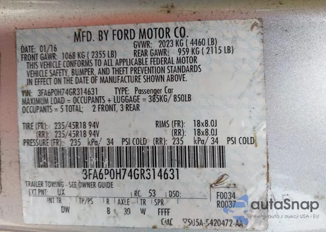 2016 Ford Fusion from USA, damaged, VIN 3FA6P0H74GR314631